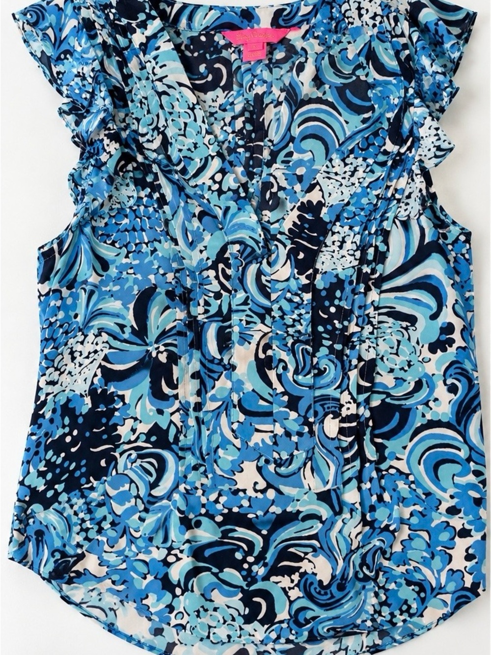Lilly Pulitzer Blue Floral Swirl Print Ruffle Sleeve Blouse Top Womens M